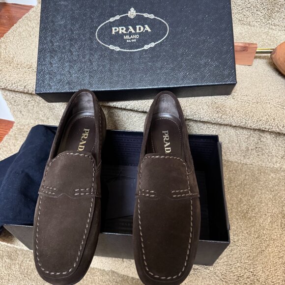 Prada - Men's Brown Suede Loafers with White Stitching - sz 10.5 - Picture 1 of 7